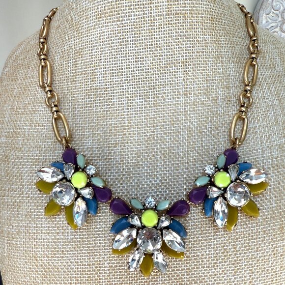 J. Crew Floral Statement Necklace Crystal & Enamel Multicolor Gold-Tone Chain 18 - Picture 1 of 11
